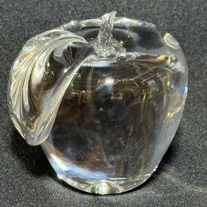 Clear Crystal Art Glass Hand Blown Apple Stem Leaf Paperweight  3.75" Heavy